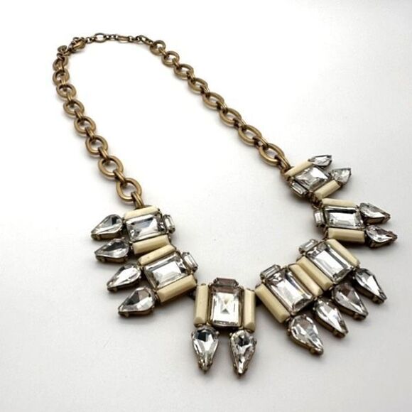 J. Crew Rhinestone Crystal Gold Spike Statement Necklace Event Cocktail Teardrop - Picture 2 of 8